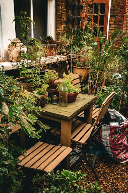A cozy backyard garden corner featuring a weathered wooden table surrounded by matching wooden chairs with slatted seats and backs, set on a small gravel pathway. The table is topped with various potted plants, including succulents and leafy greens, along with a small glass jar. Dense foliage and potted plants, such as tall palms and flowering shrubs, fill the space, creating a lush, green environment. A brick wall with a wooden-framed window in the background enhances the intimate atmosphere, and sunlight filters through the leaves, casting soft shadows across the scene. Garden tools and a multi-colored fabric bag are visible to the side, indicating ongoing garden maintenance. The setting embodies a charming, cultivated outdoor space maintained by Gardeners Shepherd's Bush, emphasizing outdoor care and landscaping work.